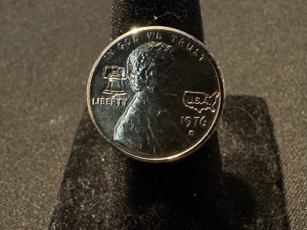 1976 D Lincoln Penny Handcrafted Ring, Outline of US on Face